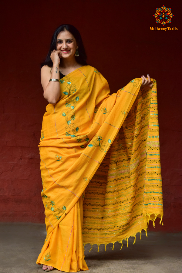 Vipas: Cotton Handloom Saree with Kantha Embroidery