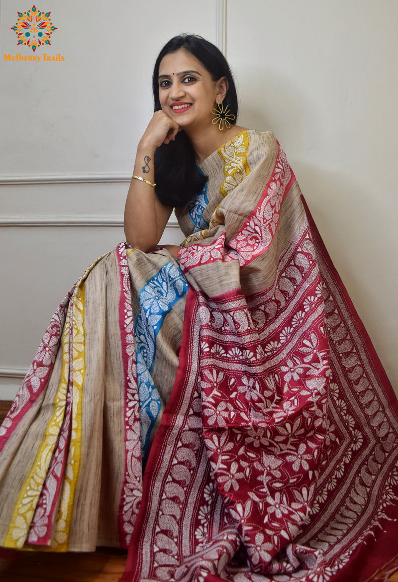 Rima - Tusser Silk multicolored Kantha Embroidery Saree