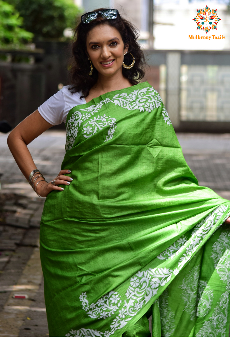 Rima - Pure Tusser Silk Minimalist Embroidery Saree Green