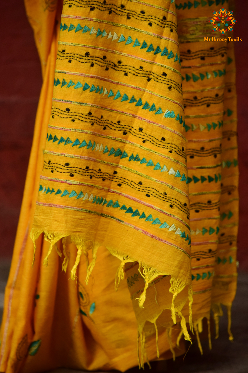 Vipas: Cotton Handloom Saree with Kantha Embroidery