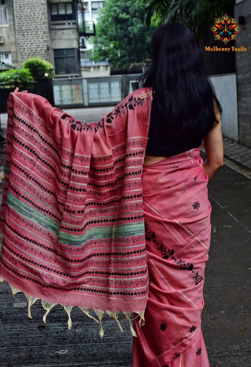 Vipas: Cotton Handloom Saree with Kantha Embroidery - Pink