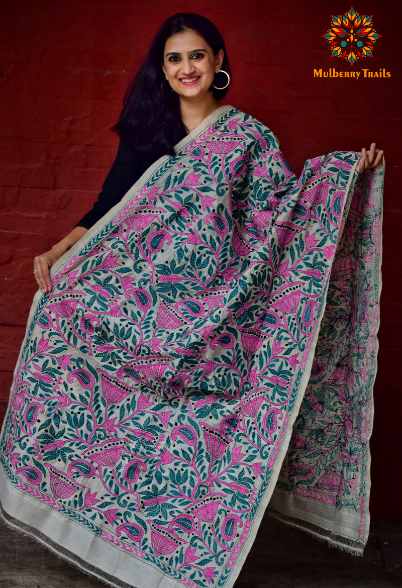 Hand Embroidered Silk Kantha Dupatta - Beige
