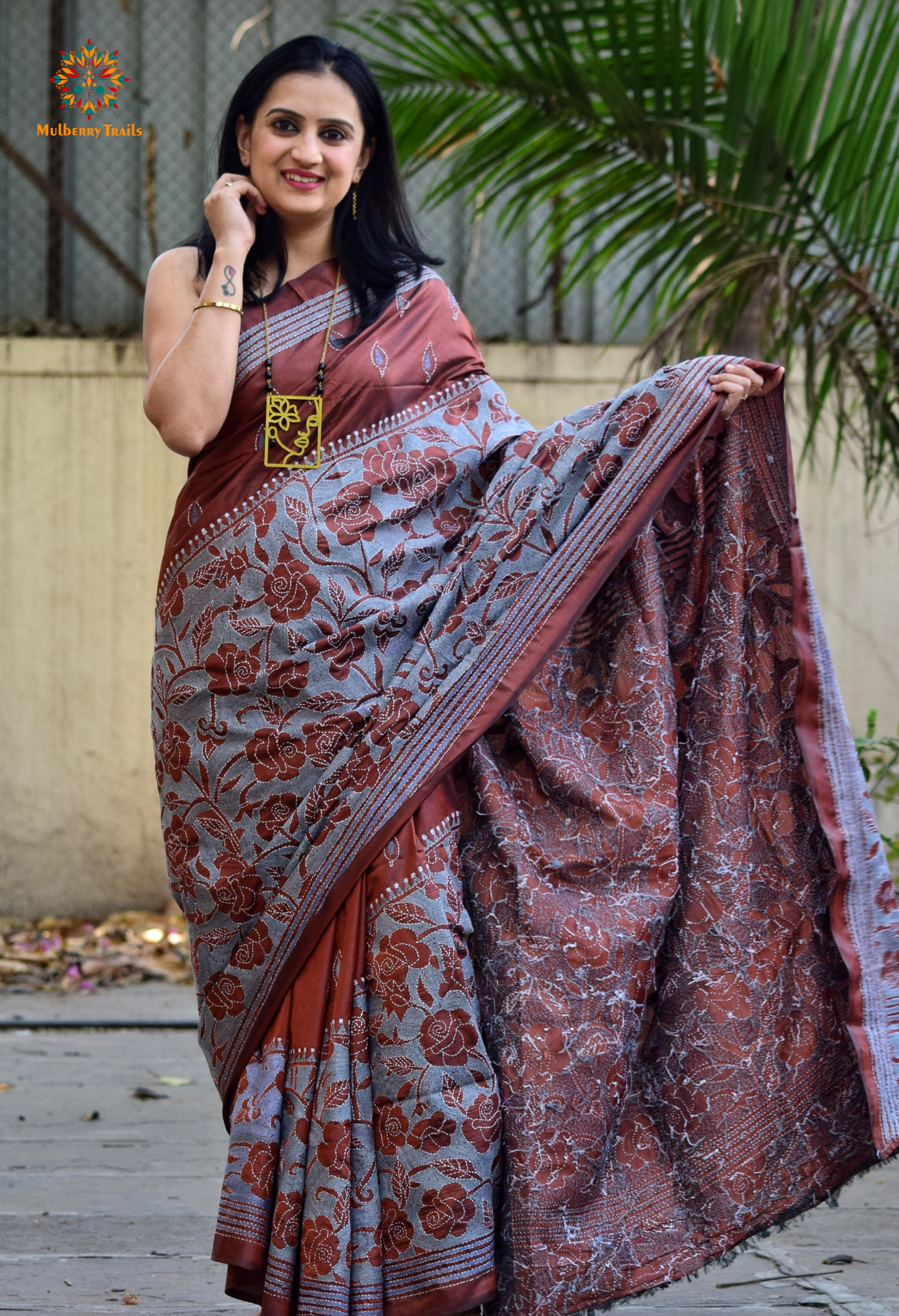 Koyna - Art Silk Kantha Embroidery Saree Cocoa Grey