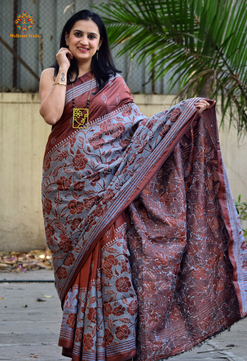 Koyna - Art Silk Kantha Embroidery Saree Cocoa Grey