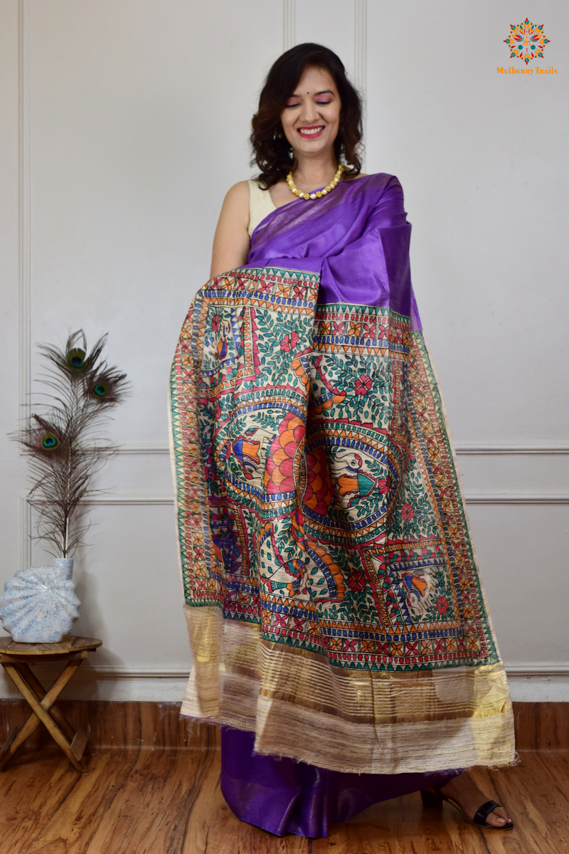 Pavani - Staple Tusser Handpainted Madhubani Saree- Purple