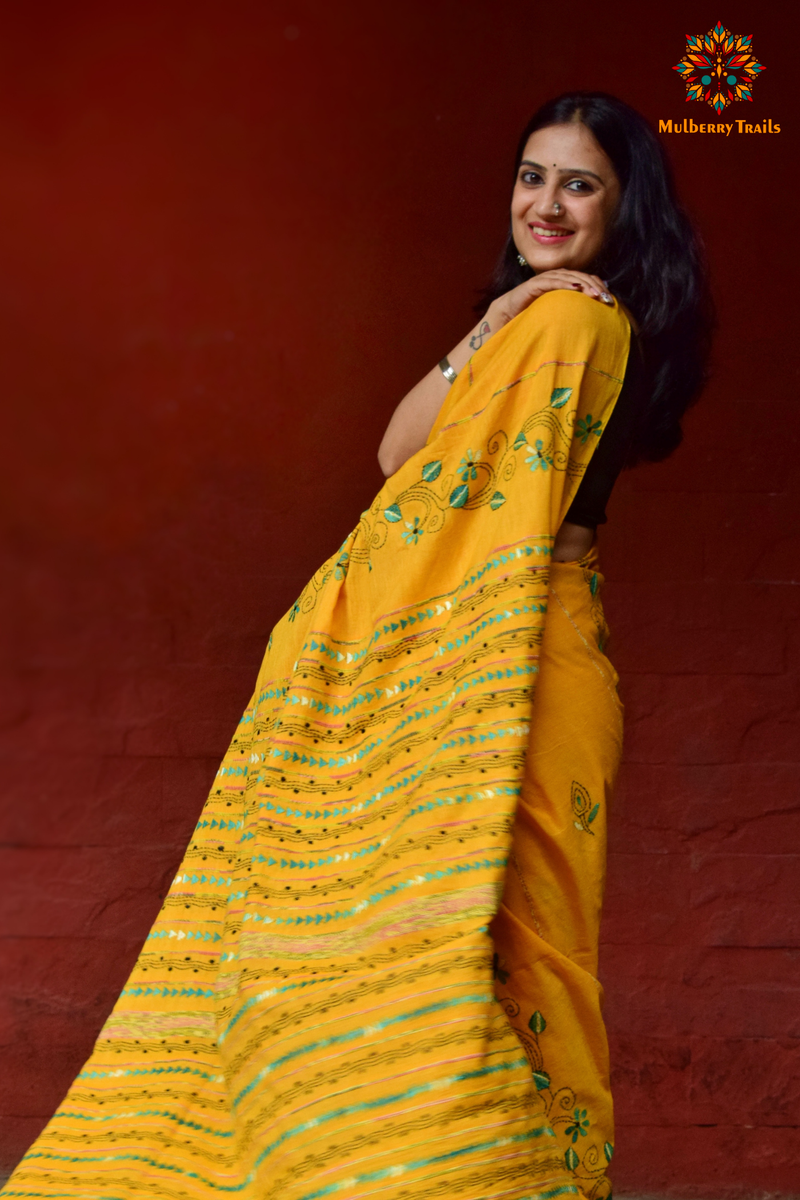 Vipas: Cotton Handloom Saree with Kantha Embroidery