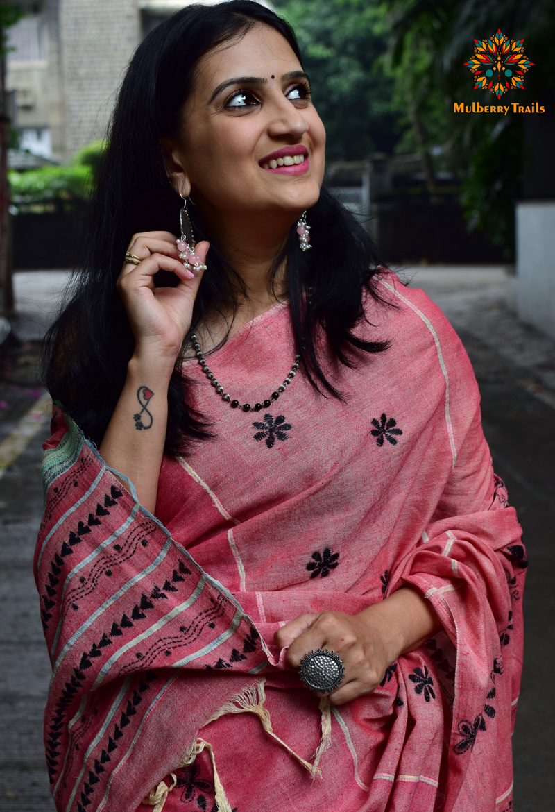 Vipas: Cotton Handloom Saree with Kantha Embroidery - Pink