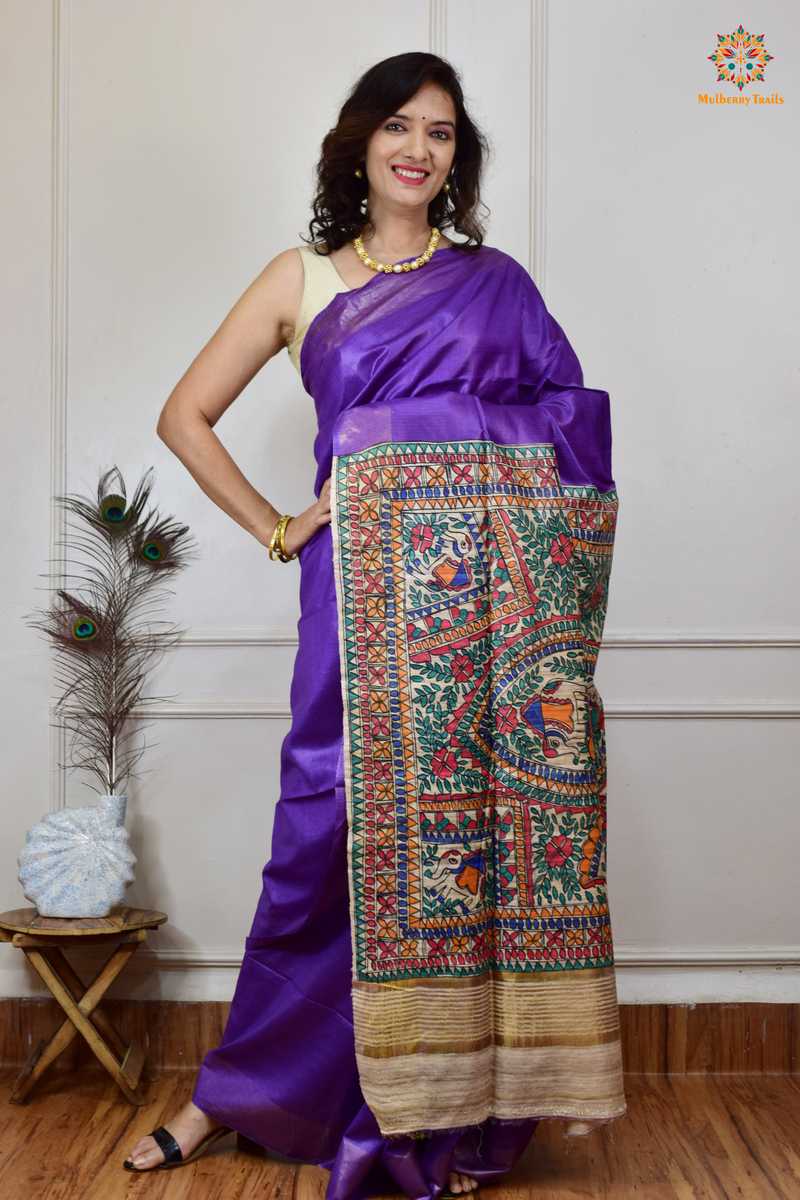 Pavani - Staple Tusser Handpainted Madhubani Saree- Purple