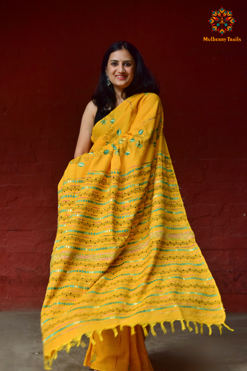 Vipas: Cotton Handloom Saree with Kantha Embroidery