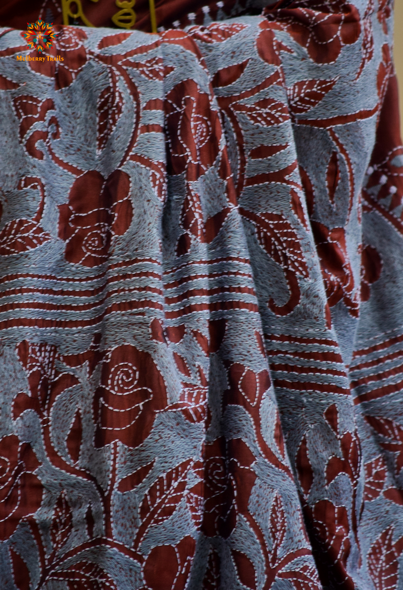 Koyna - Art Silk Kantha Embroidery Saree Cocoa Grey