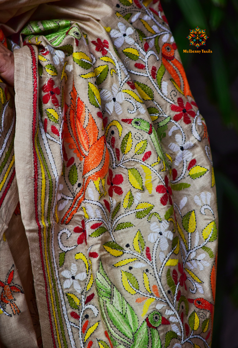 Rima - Tusser Silk Kantha Embroidery Saree