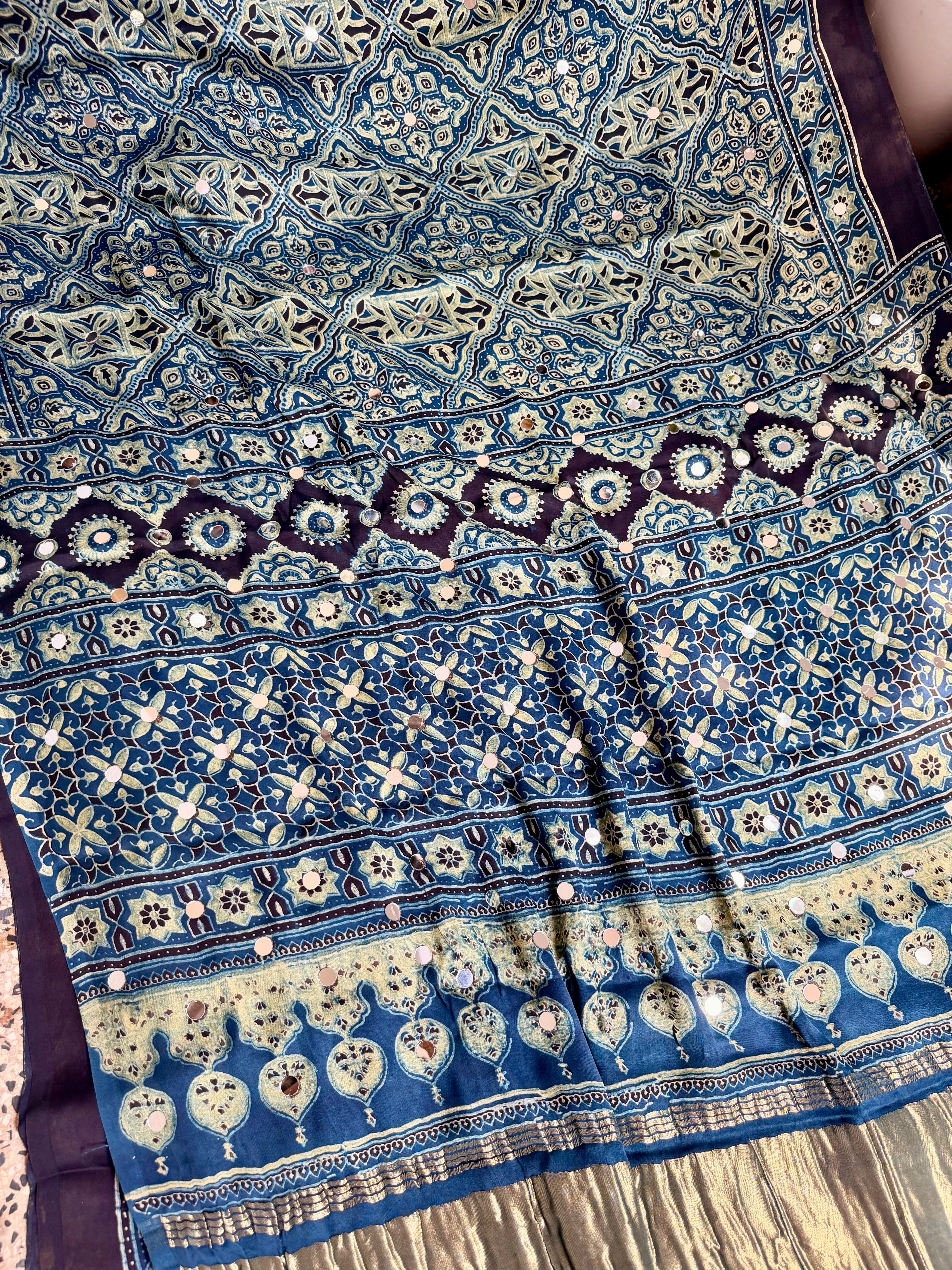 Ajrakh Modal silk sarees with Mirror Work