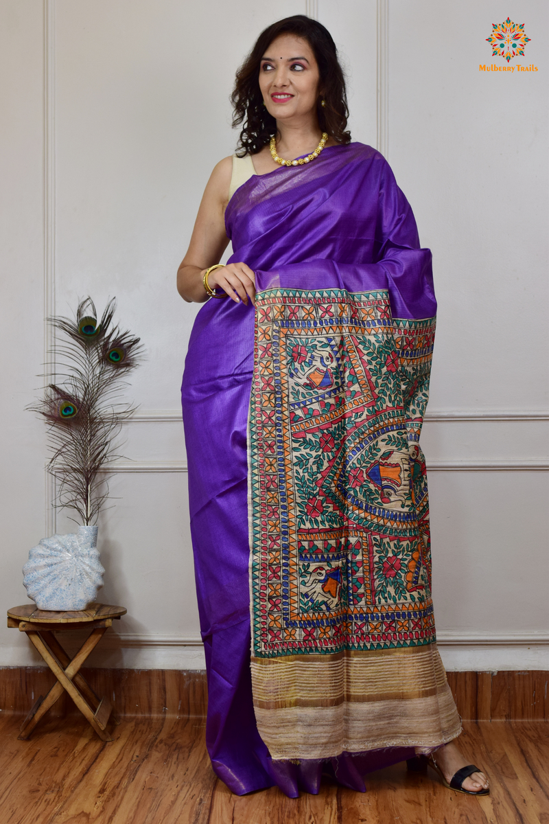 Pavani - Staple Tusser Handpainted Madhubani Saree- Purple