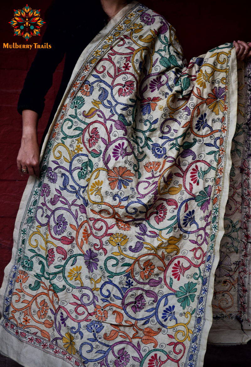Hand Embroidered Silk Kantha Dupatta - Beige