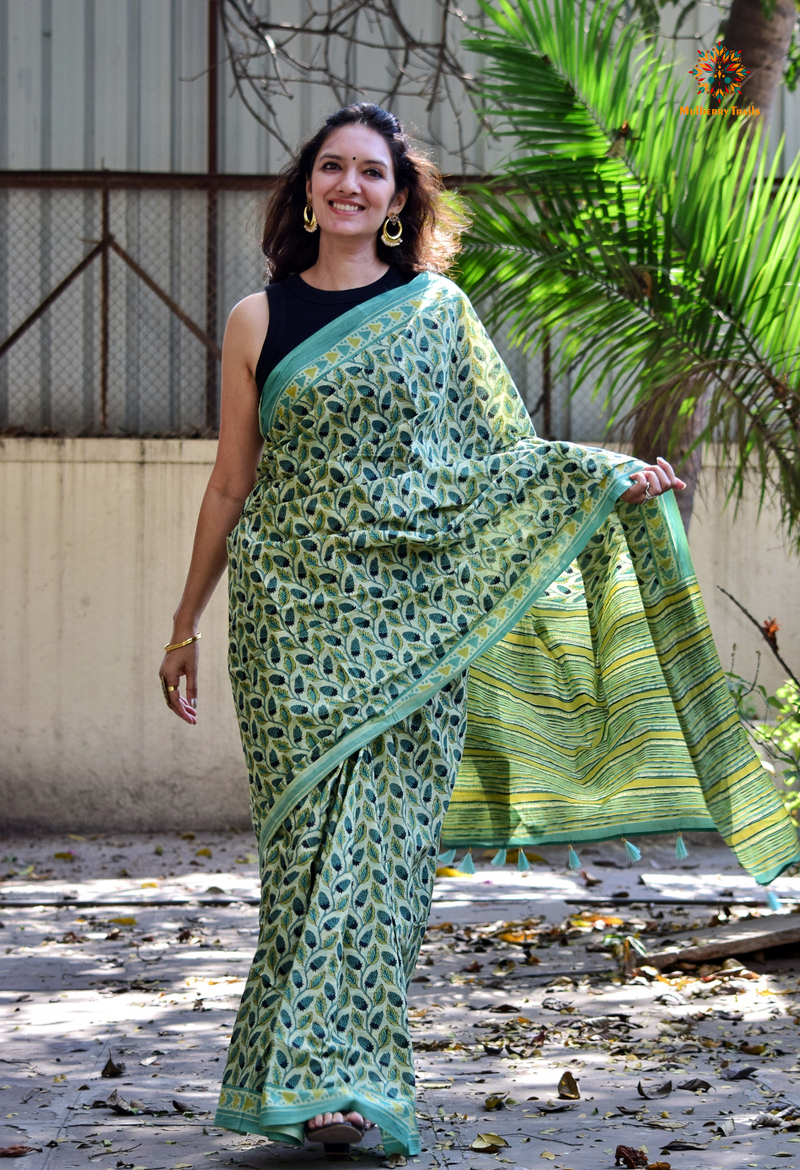 Chitrani: Summer Printed Cotton Sarees Green