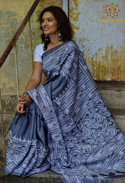 Rima - Grey Tusser Silk Kantha Embroidery Saree