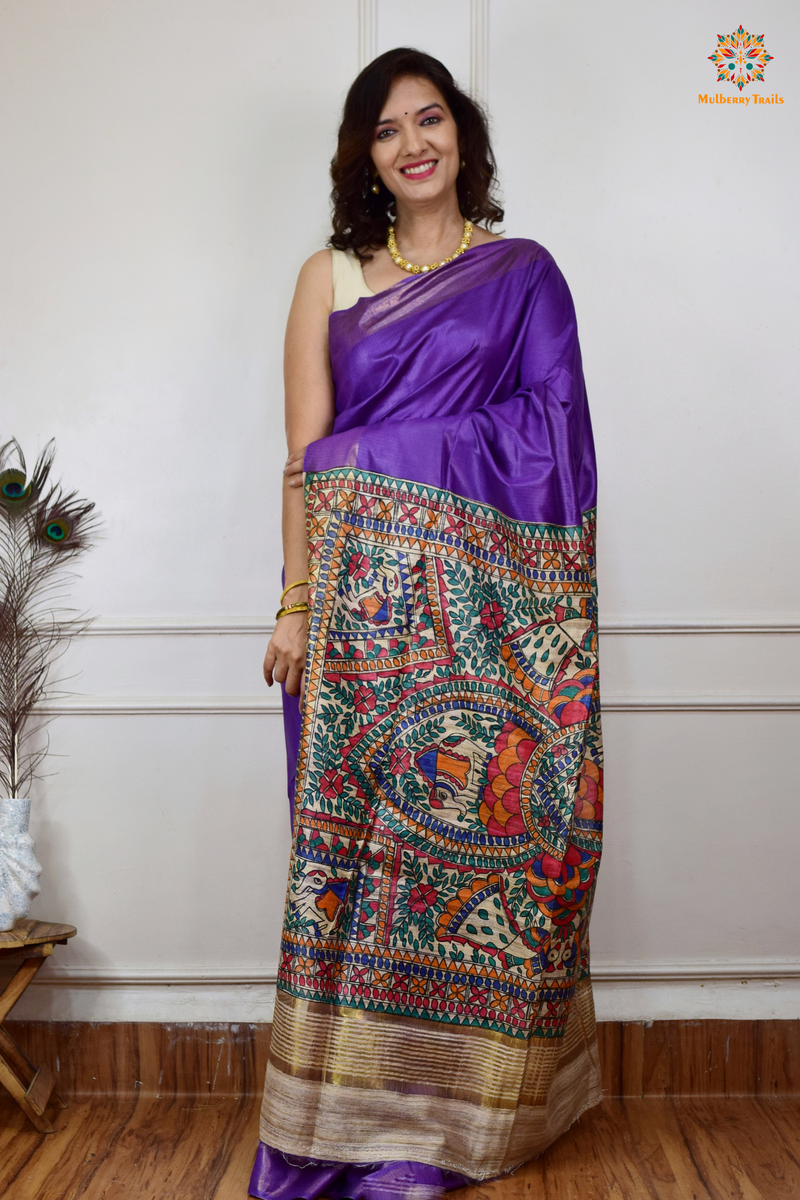 Pavani - Staple Tusser Handpainted Madhubani Saree- Purple