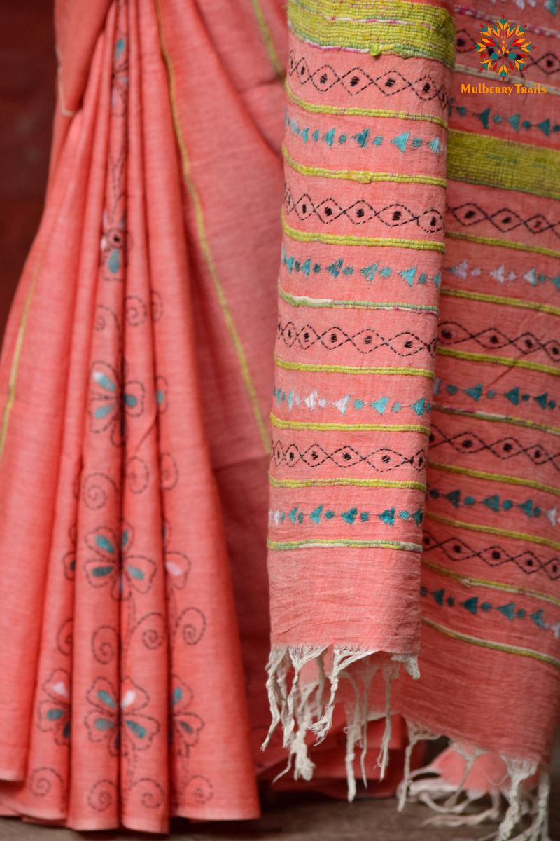 Vipas: Cotton Handloom Saree with Kantha Embroidery