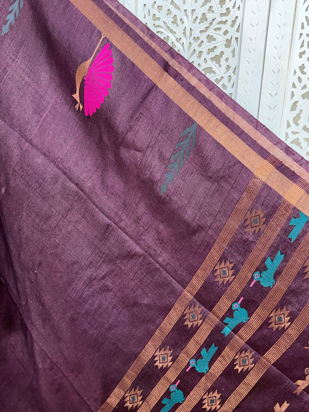 Meghana: Premiun Tusser silk Saree_deep wine Bird motif