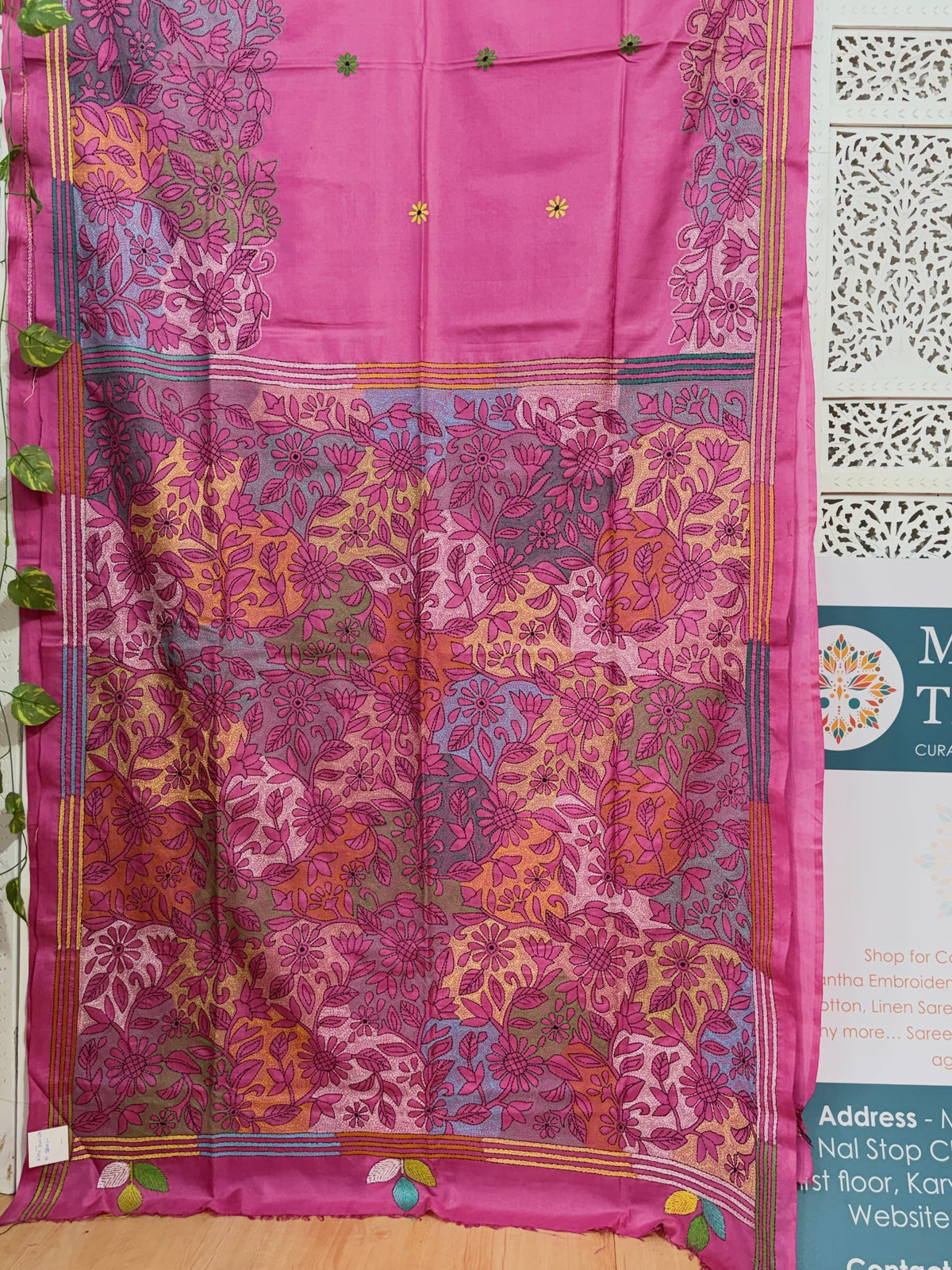 Rima - Bangalore silk saree with kantha embroidery pink