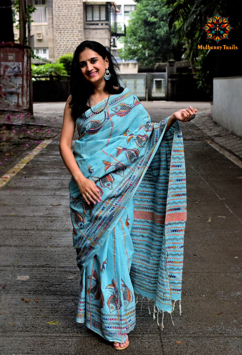 Vipas: Cotton Handloom Saree with Kantha Embroidery - Blue