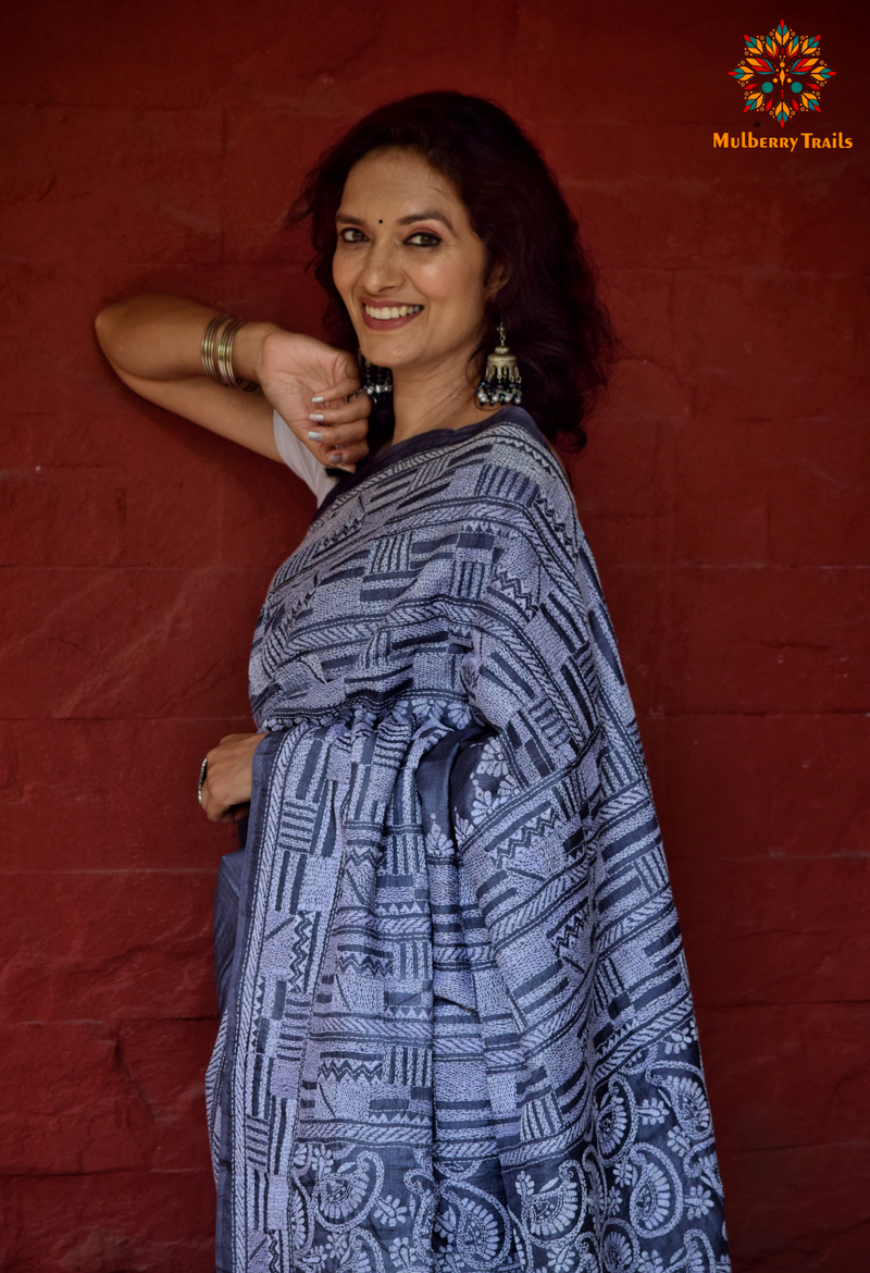 Rima - Grey Tusser Silk Kantha Embroidery Saree