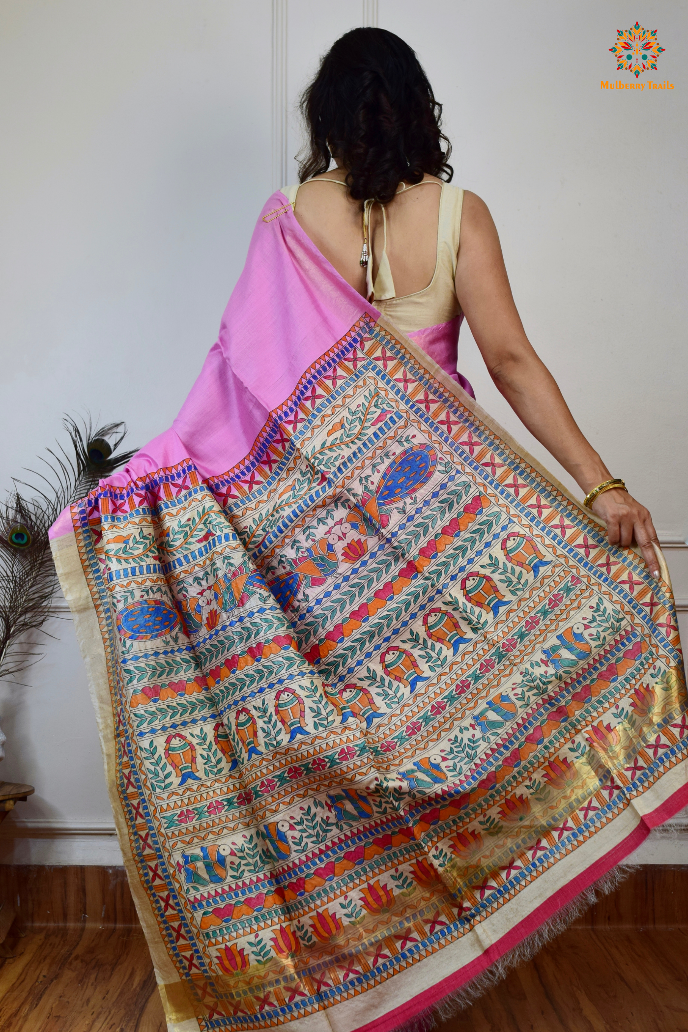 Pavani - Staple Tusser Handpainted Madhubani Saree- Blush Pink