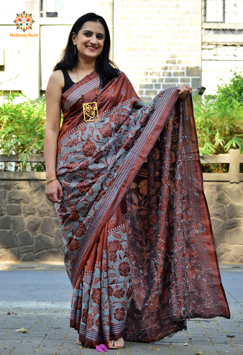 Koyna - Art Silk Kantha Embroidery Saree Cocoa Grey