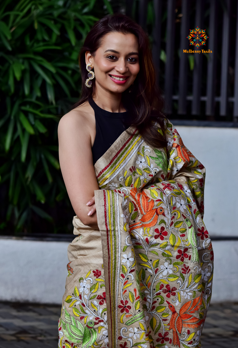 Rima - Tusser Silk Kantha Embroidery Saree