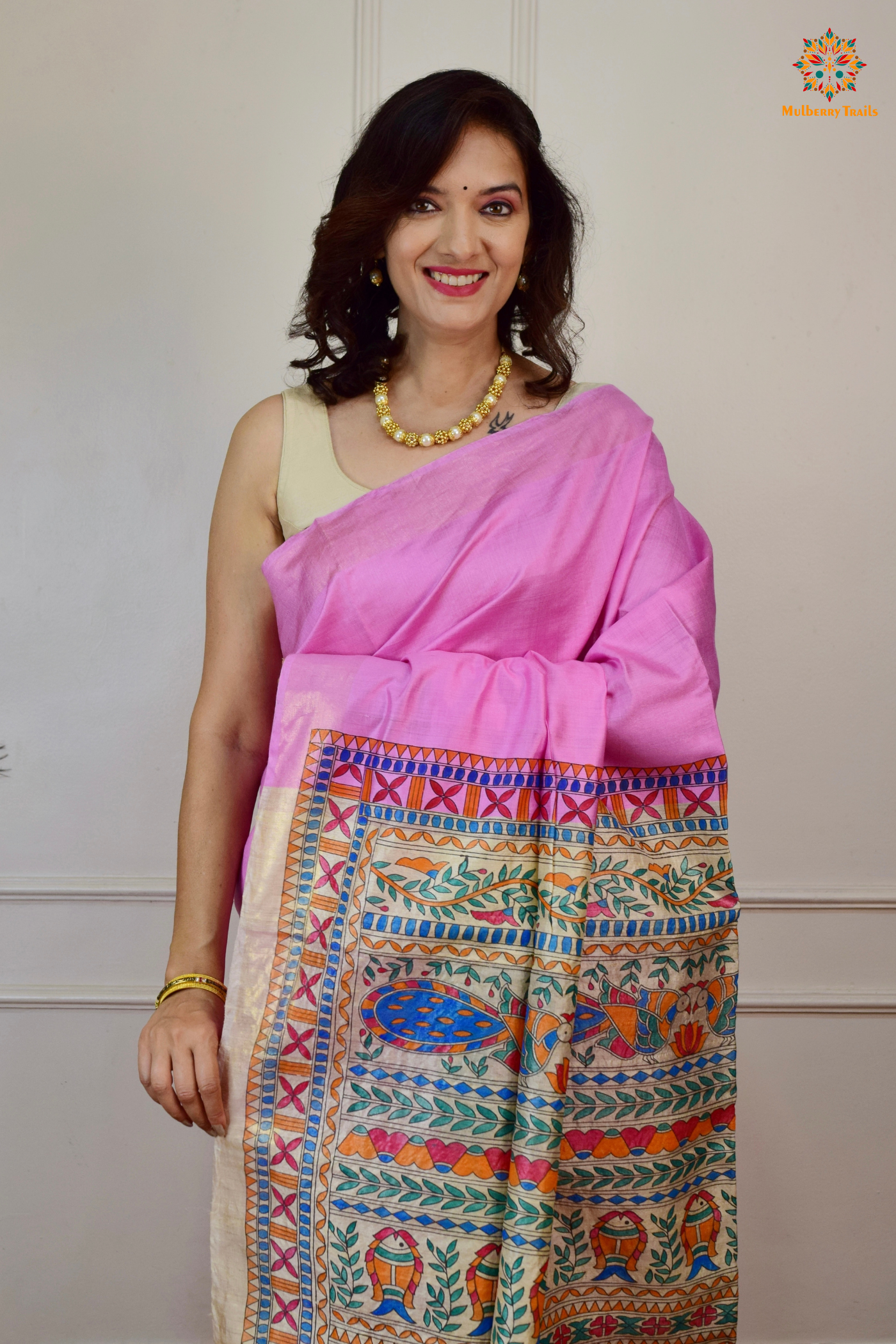 Pavani - Staple Tusser Handpainted Madhubani Saree- Blush Pink