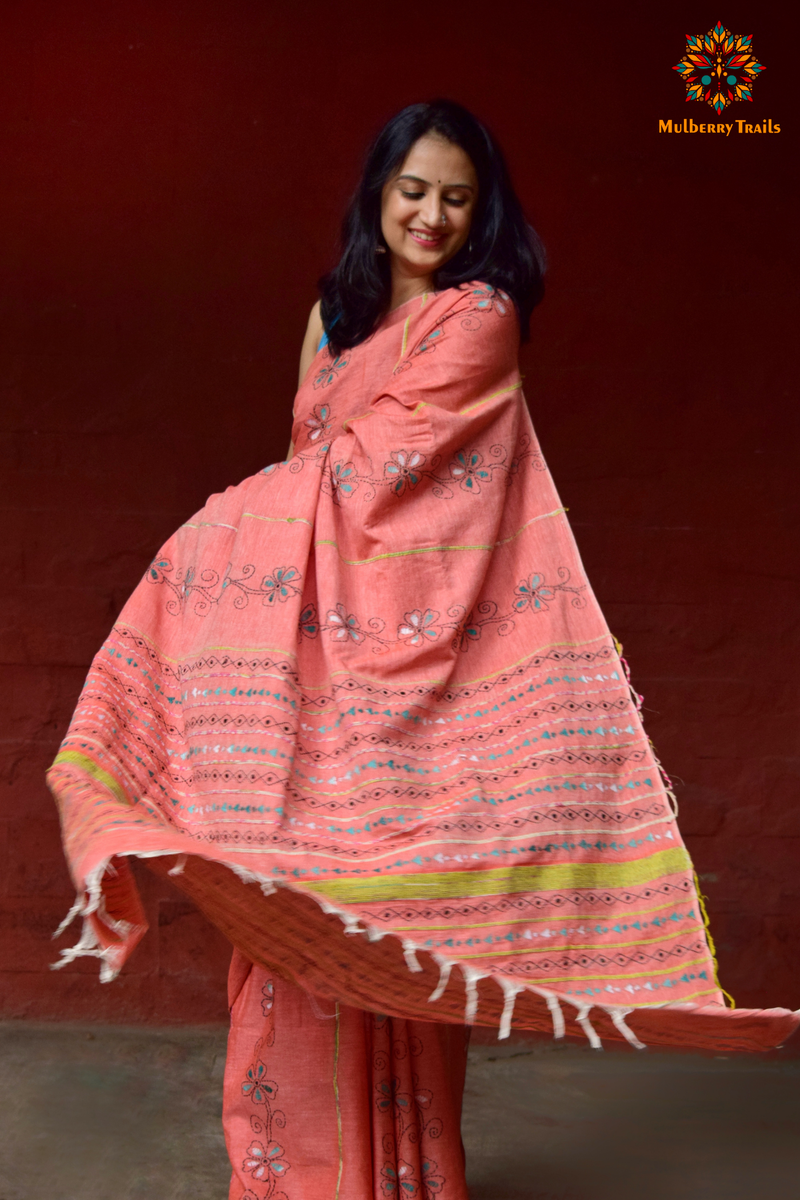 Vipas: Cotton Handloom Saree with Kantha Embroidery