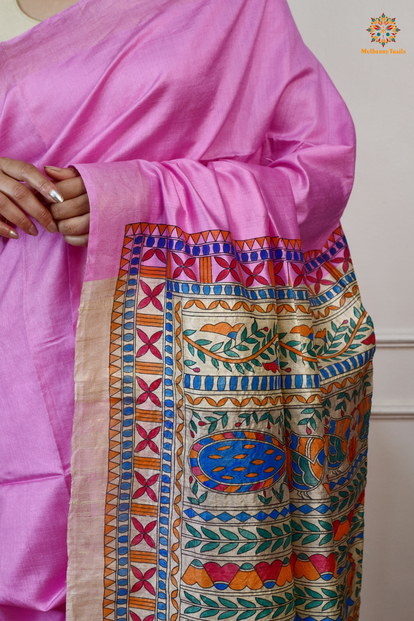 Pavani - Staple Tusser Handpainted Madhubani Saree- Blush Pink