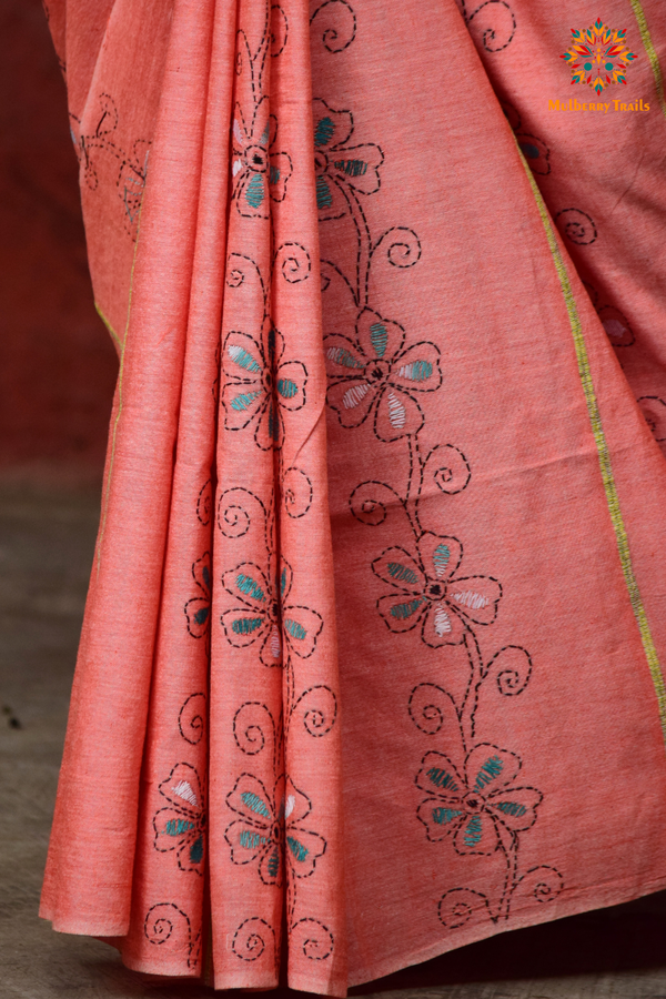 Vipas: Cotton Handloom Saree with Kantha Embroidery