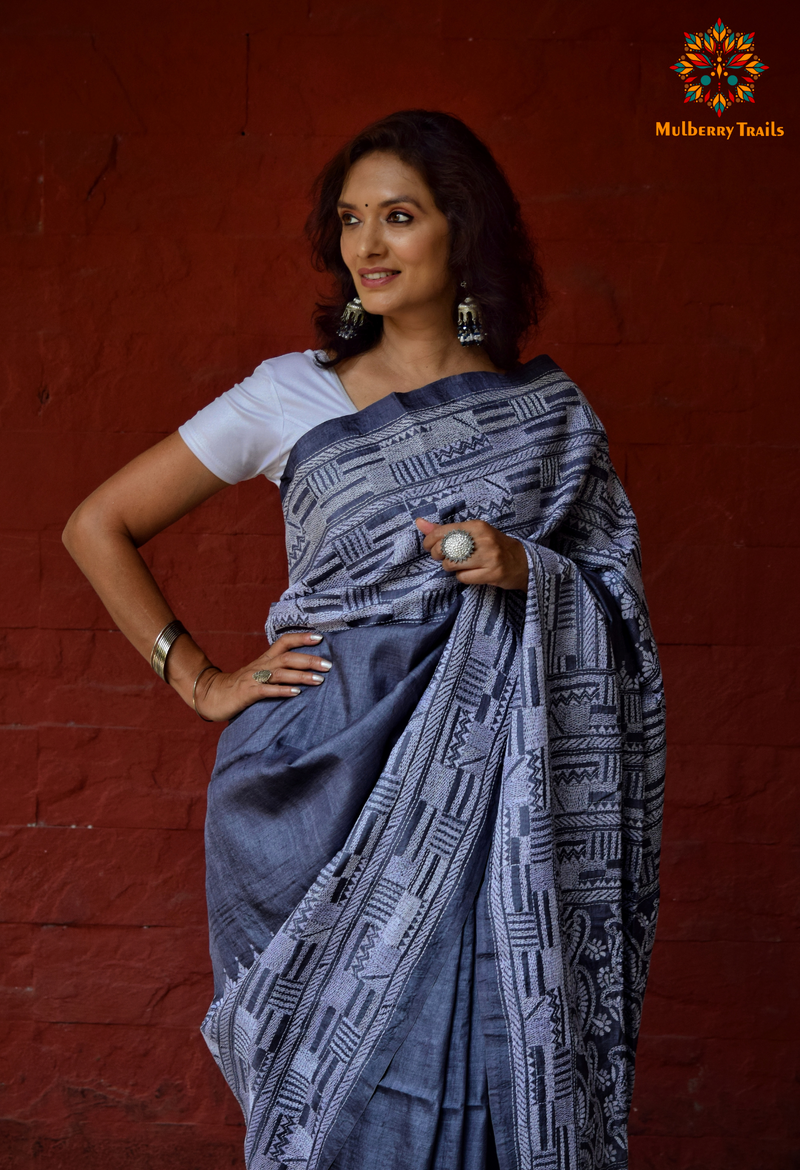 Rima - Grey Tusser Silk Kantha Embroidery Saree