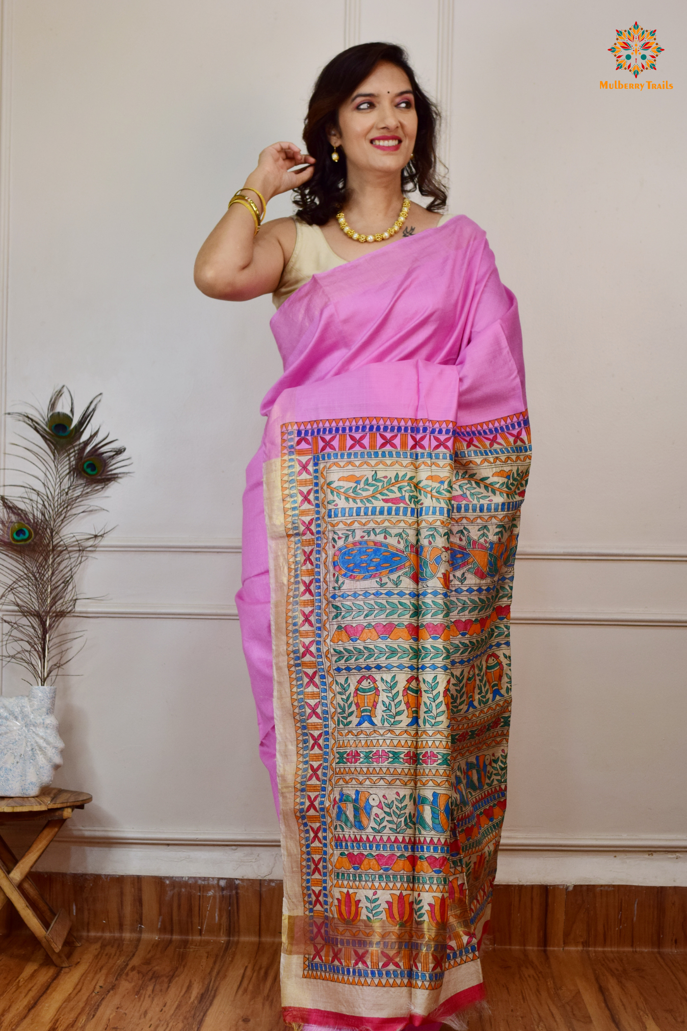 Pavani - Staple Tusser Handpainted Madhubani Saree- Blush Pink