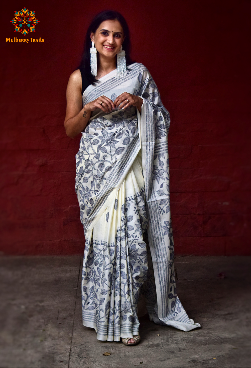 Koyna - Art Silk Kantha Embroidery Saree White