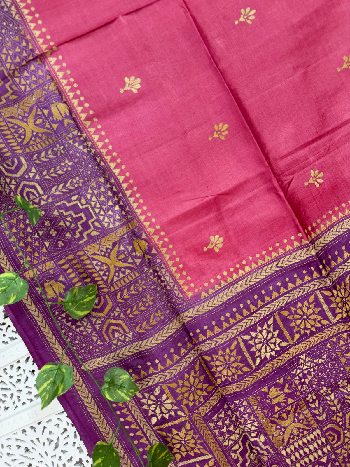 Rima - Tusser silk saree with kantha embroidery pink