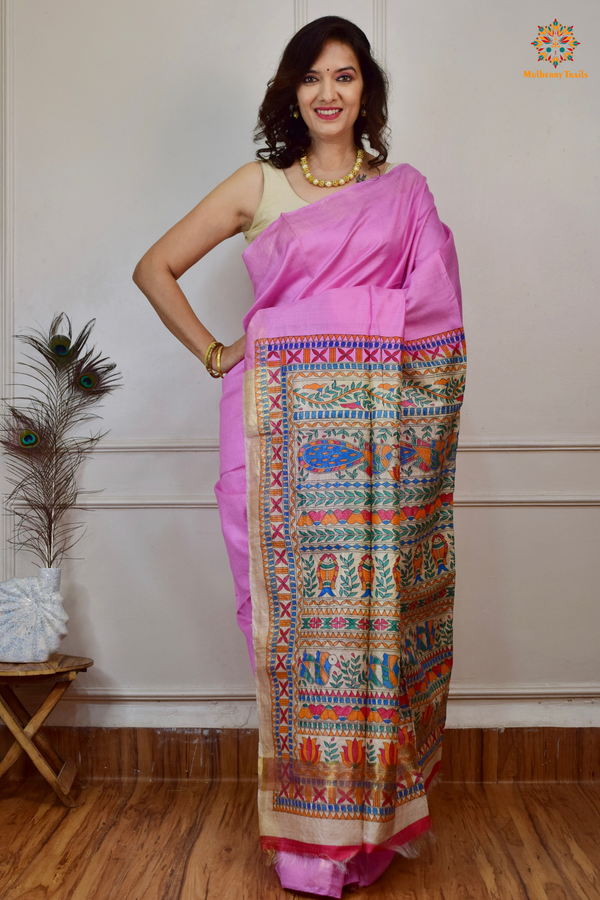 Pavani - Staple Tusser Handpainted Madhubani Saree- Blush Pink