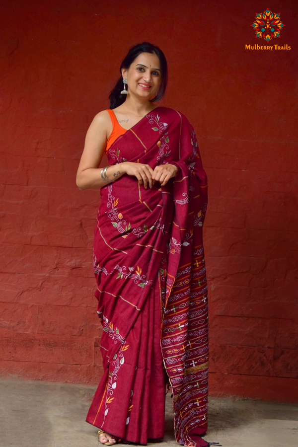 Vipas: Cotton Handloom Saree with Kantha Embroidery