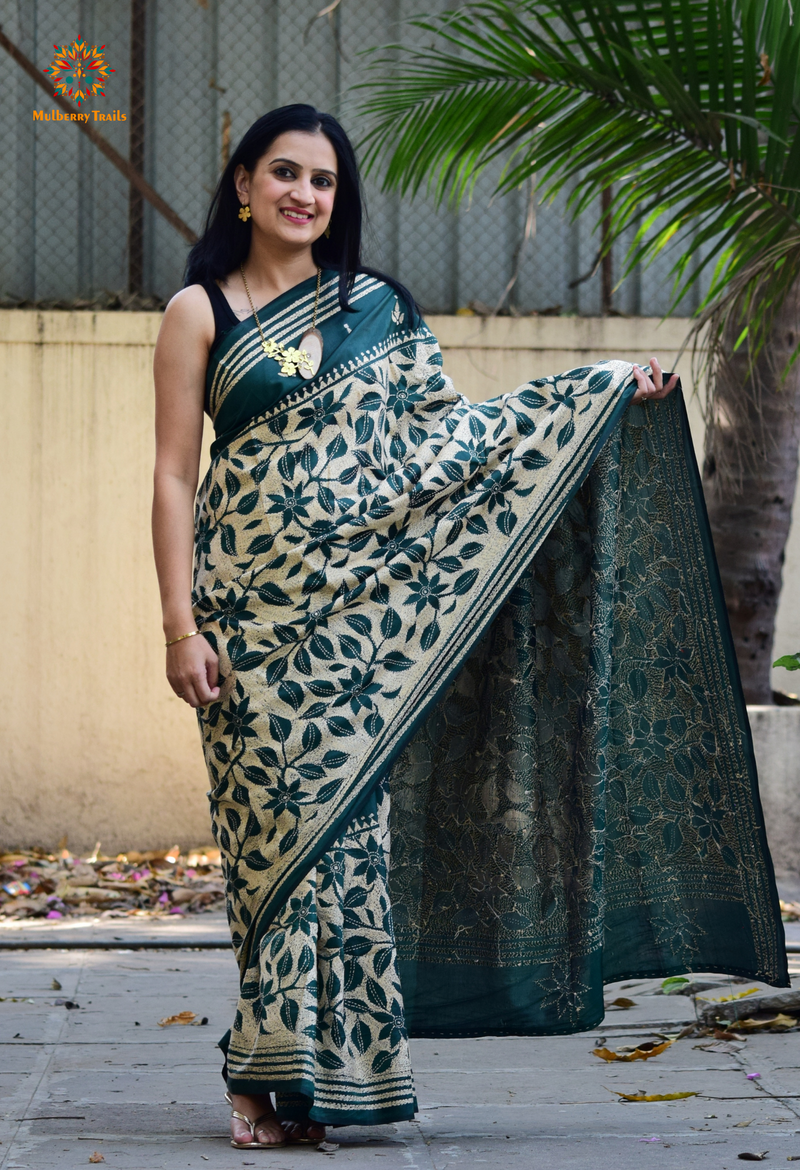 Koyna - Art Silk Kantha Embroidery Saree Green