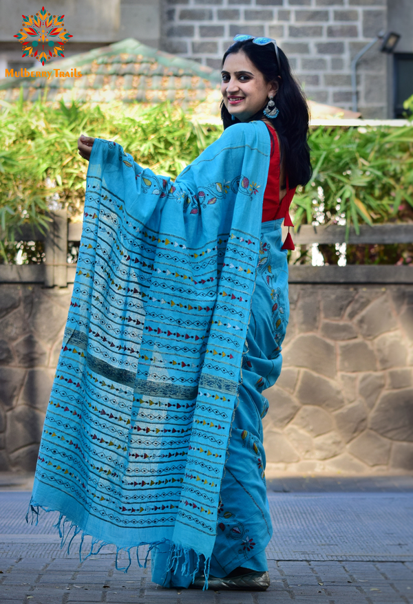 Vipas: Cotton Handloom Saree with Kantha Embroidery - Blue