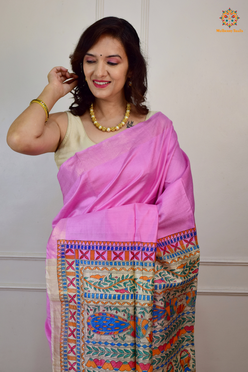 Pavani - Staple Tusser Handpainted Madhubani Saree- Blush Pink