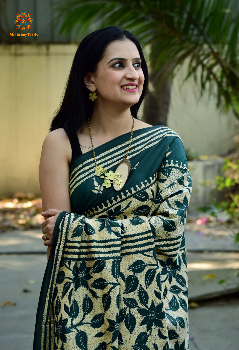 Koyna - Art Silk Kantha Embroidery Saree Green