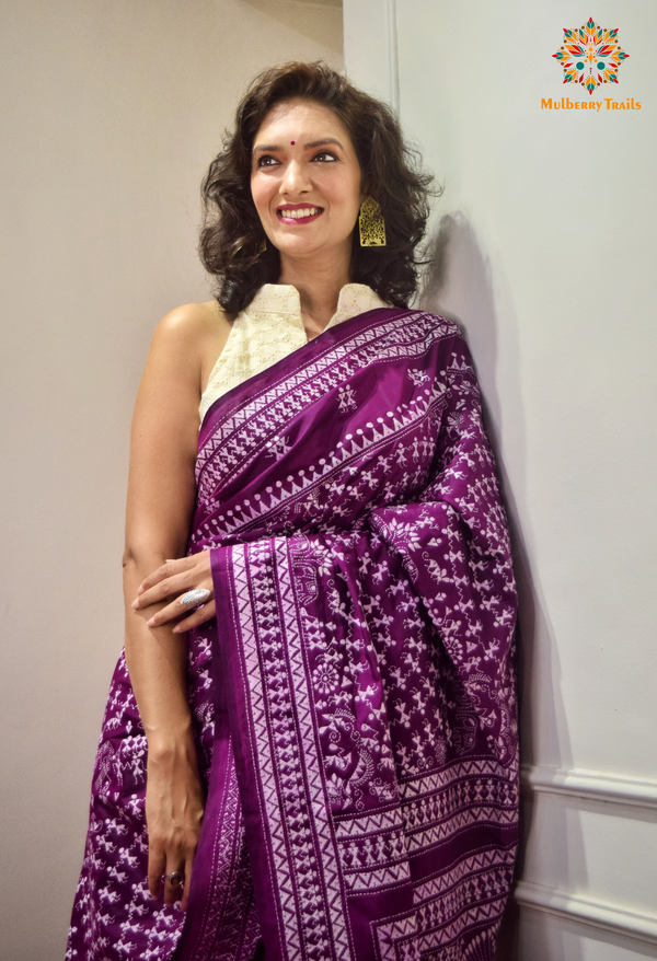 Rima - Purple Warli Bangalore Silk Kantha Embroidery Saree