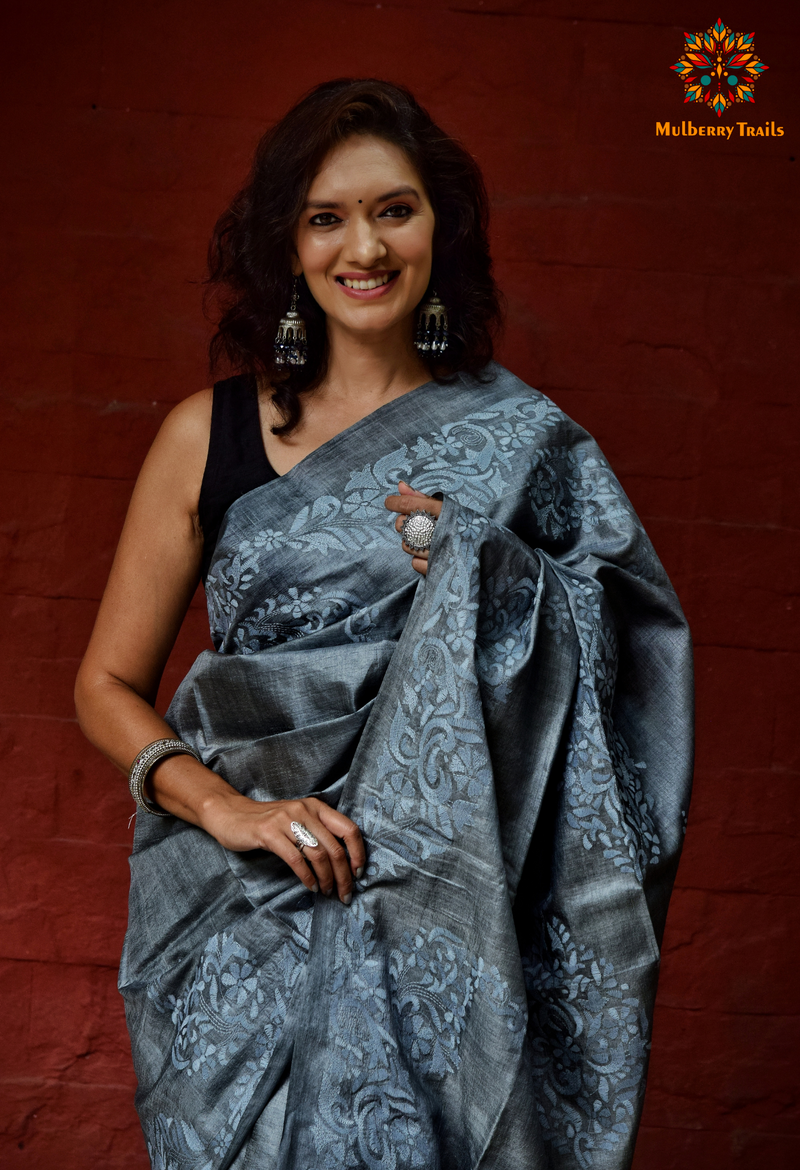 Grey Brocade Banarasi Silk Saree – StylebyPanaaash