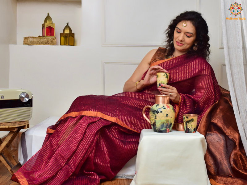 IRA: Premium Linen Sarees with Copper Zari - Fuschia