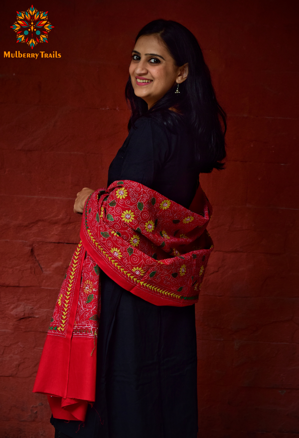 Hand Embroidered Kantha Dupatta - Red
