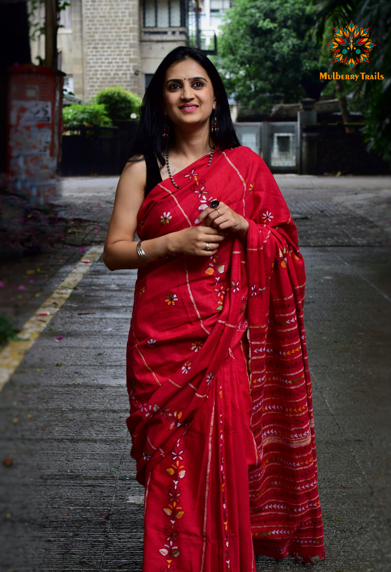Vipas: Cotton Handloom Saree with Kantha Embroidery - Red