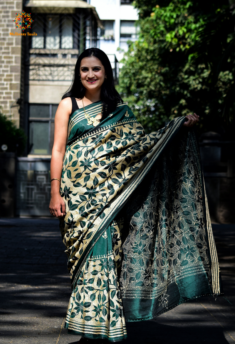 Koyna - Art Silk Kantha Embroidery Saree Green