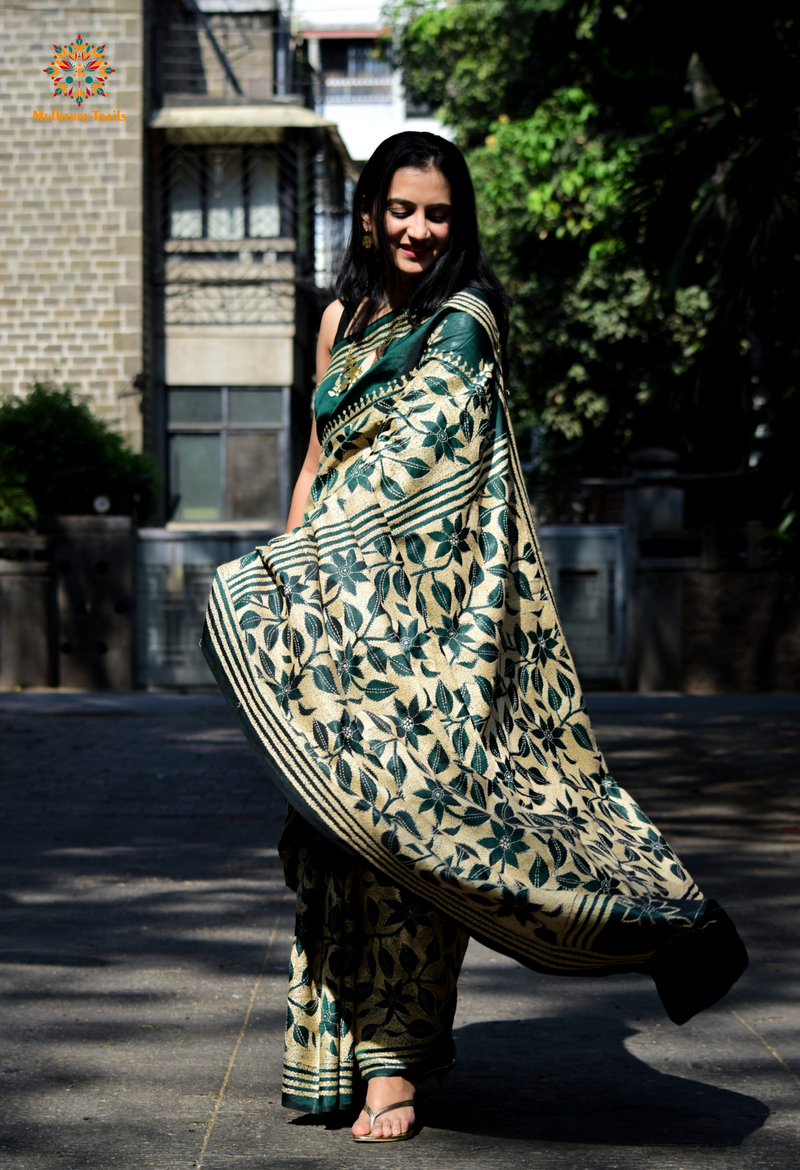 Koyna - Art Silk Kantha Embroidery Saree Green